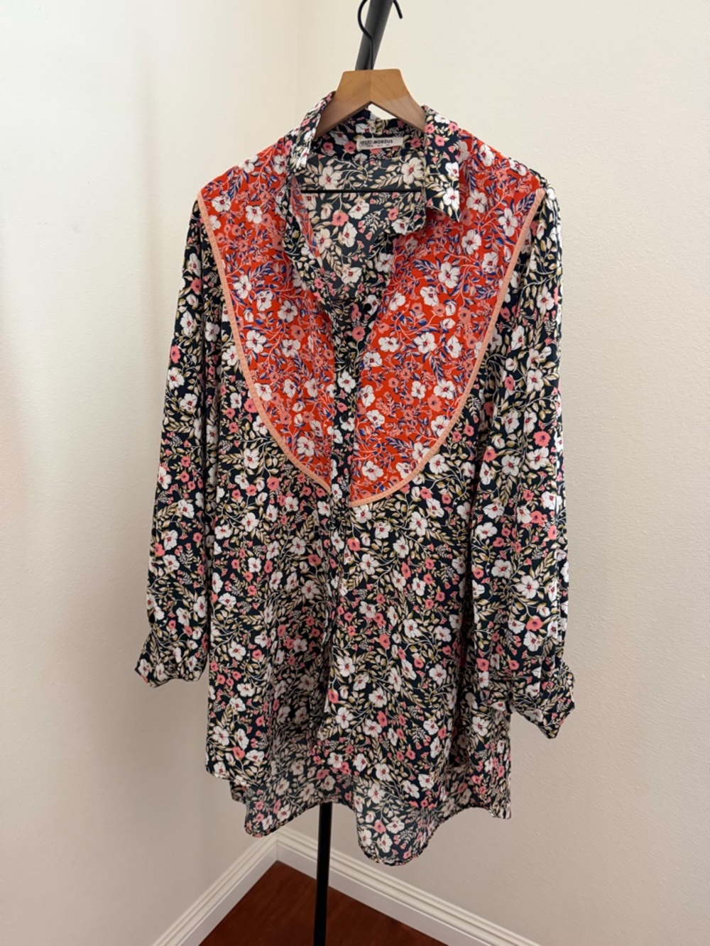 Glamorous mixed folk Black Floral Mix-Print Shirt Dress with Orange Yoke - Picture 4 of 6